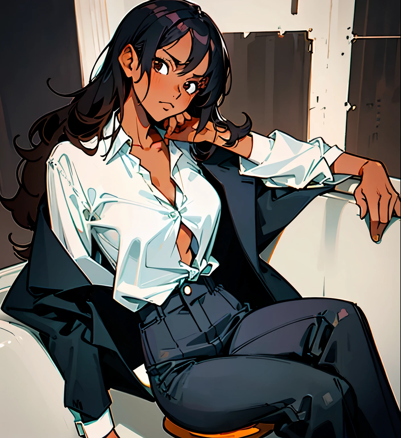 Long black hair, dark brown skin, brown eyes, suit, suit jacket over shoulder, white button up unbuttoned and loose, tough expression, cold expression, scars, female, woman, sitting, open legs, black suit, black suit jacket, open white buttoned shirt, black pants