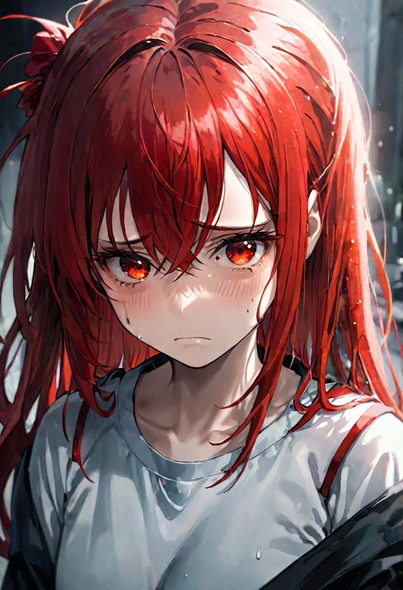 girl appearance with serious face, sad face, does not smile looks sad, angry, red eyes, messy hair, traumatized