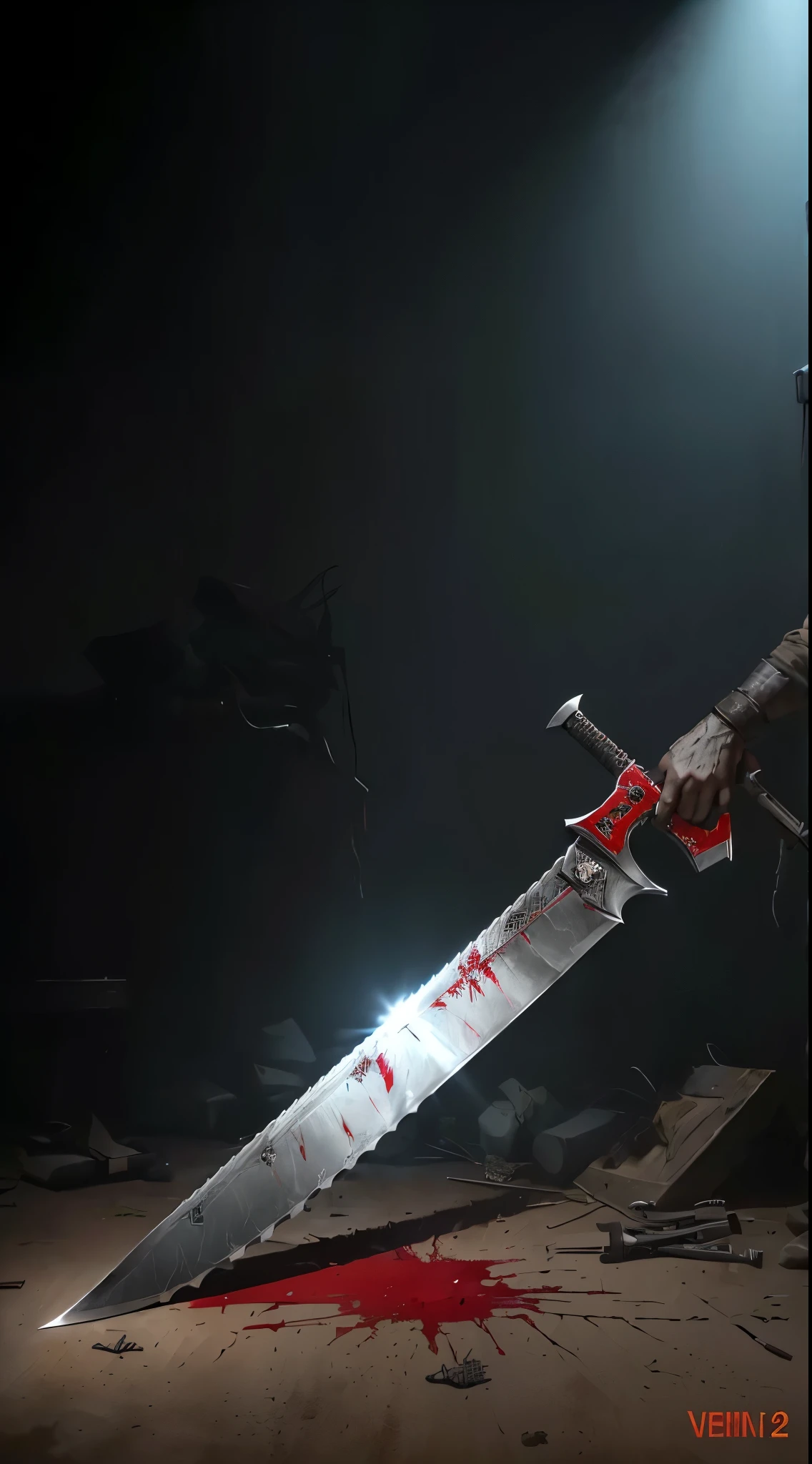 Dark room,Someone is holding a bloody knife, Buster Sword, Survival 2, On the other side is the chainsaw sword, mark with knife, chainsaw sword, Holding a huge sword, Glowing sword in hand, holding enormous sword, Carving Knife, Holding a serrated machete, From the Vermintide 2 video game, Long-lasting game