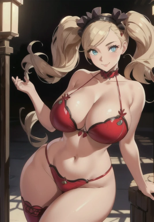 (masterpiece:1.2, best quality:1.2, beautiful, high quality, highres:1.1, aesthetic), detailed, extremely detailed, ambient soft lighting, 4K, perfect eyes, perfect face, perfect lighting, 1girl, solo, takamaki anne, twin tails, blonde hair huge ass, huge breasts, huge thighs, narrow waist, wide hips, thick thighs, curvy, harem girl, harem dancer, silk loincloth, metal bra, face veil, jewel, smile,