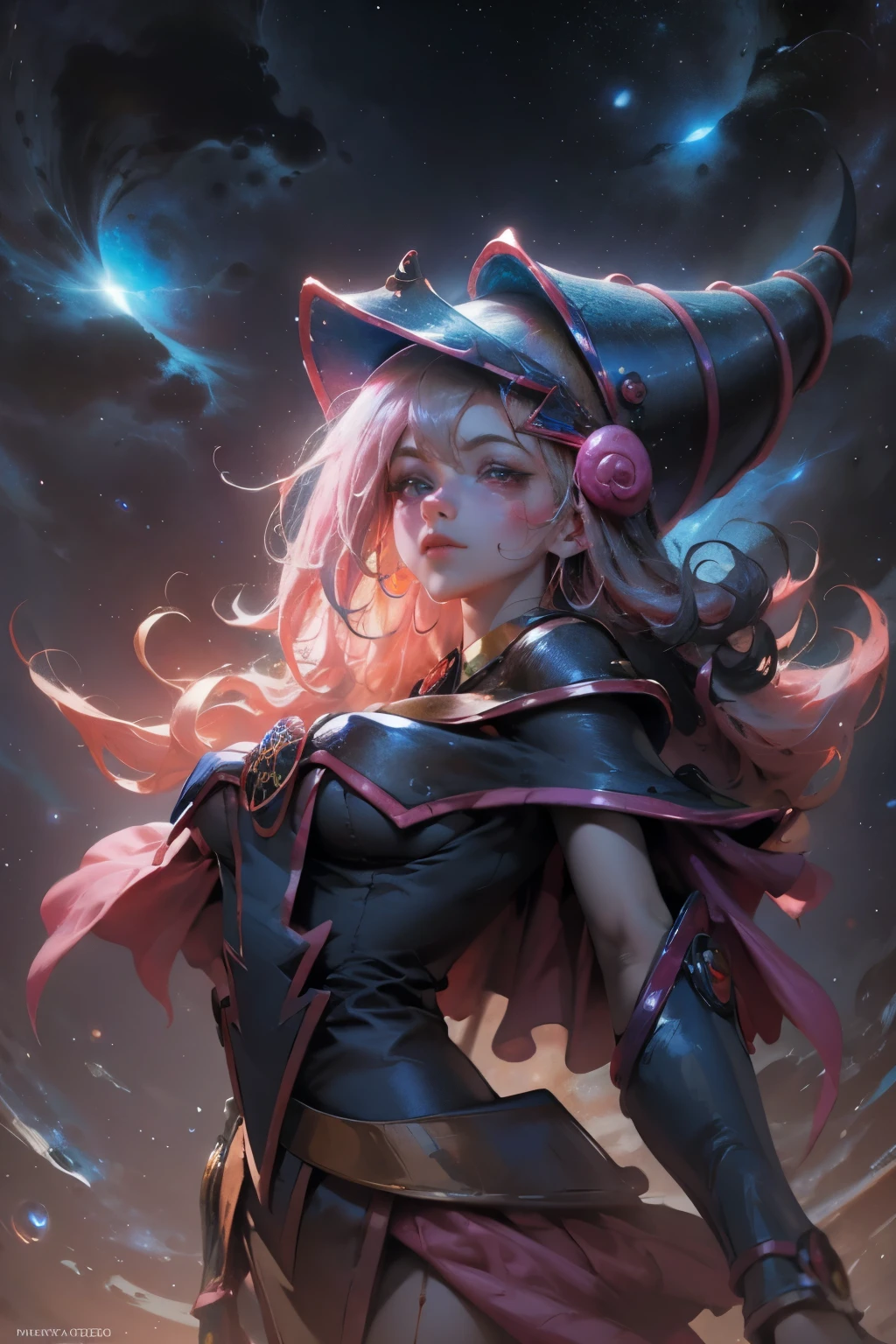 Giles magos oscuros. magos oscuros. ojos azules. cabello rubio. labios rojos. Detailed Features.., cosmic colors, ethereal lighting, Pintura surrealista, high resolution, otherworldly atmosphere, Seres celestiales. Hermosa diosa
