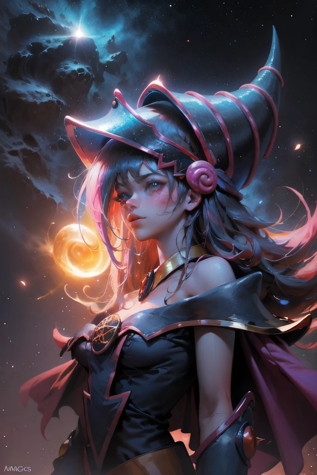 Giles magos oscuros. magos oscuros. ojos azules. cabello rubio. labios rojos. Detailed Features.., cosmic colors, ethereal lighting, Pintura surrealista, high resolution, otherworldly atmosphere, Seres celestiales. Hermosa diosa