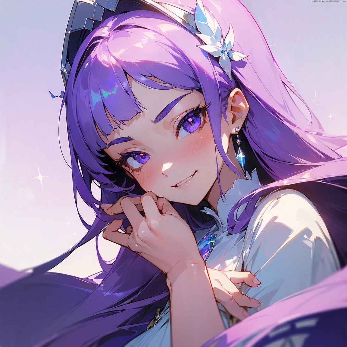 (masterpiece, top quality, best quality, official art, beautiful and aesthetic, absolutely-impressive-detail shadowing:1.2), 1 girl, Goddess, white skin, white blouse with dark purple details, heavenly background, cute, long silky smooth hair, periwinkle hair, very beautiful pretty face, sparkling nice detailed crystal clear purple eyes. (smug, smirking:1.2)