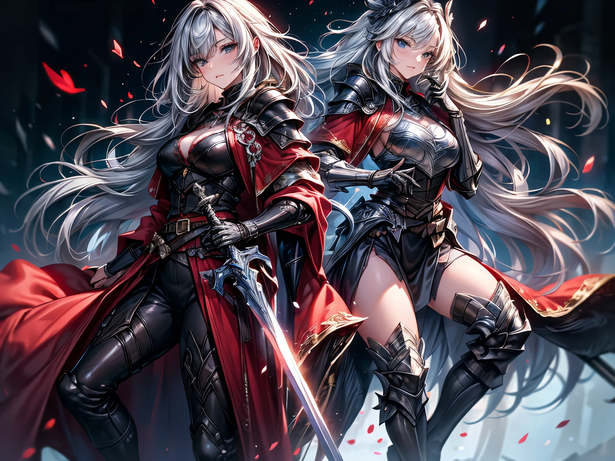 ((Ultra-delicate)), (Be focused), (high resolution), Deformed depth of field blurred background, (Detailed background), Perfect layer cut, (full-body shot/Cowboy shooting), middle Ages, European castle street, One, beautiful general, alone, confident, Silver hair with gradient stripes and blue tail, Light blue eyes, thin eyebrows, Upper Eye, ((delicate eyes)), Sexy lips, lip details, Detailed face, (Full of power, muscle:1.2), complicated, Female General, Red robe, (Huge combat sword, /On the back /holding in right hand, Black shiny, Super sharp), dark, complicated, (Black heavy armor), red trim, Extremely detailed armor patterns, (Ultra-delicate铠甲), Combat boots, Extremely high armor polishing technology, wind, CG unity, Artistic, 8k