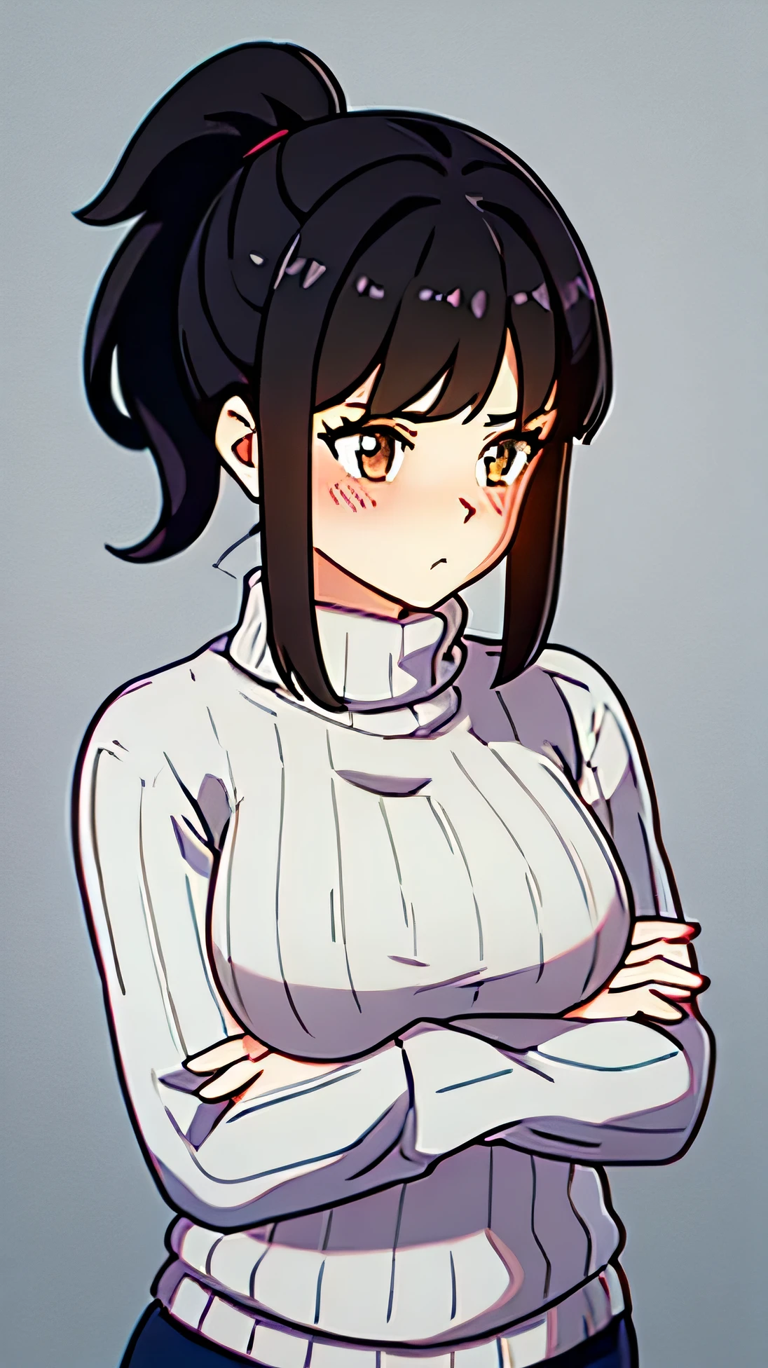 1 girl, black hair, ponytail, brown eyes, a cute pouting face, big breasts, white ribbed sweater, 24 years old, 1.75 tall, white skin tone, blushing, arms crossed, looking to the side with embarrassment