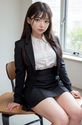dutch angle, ground-level shot, thick thighs, sit, a lot of details, neat figure, 30 years old, detailed long hair, short wavy delicate hair, Lateral braid, detailed black hair, beatiful detailed hair, super fucking beautiful, happy, open mouth, perfect hands, small breast, perfect and delicate limbs, detailed skin, business suit, skirt, high heels, open jacket, cream background Clothes, Tables and chairs in disarray, window, best quality, ultra-detailed,