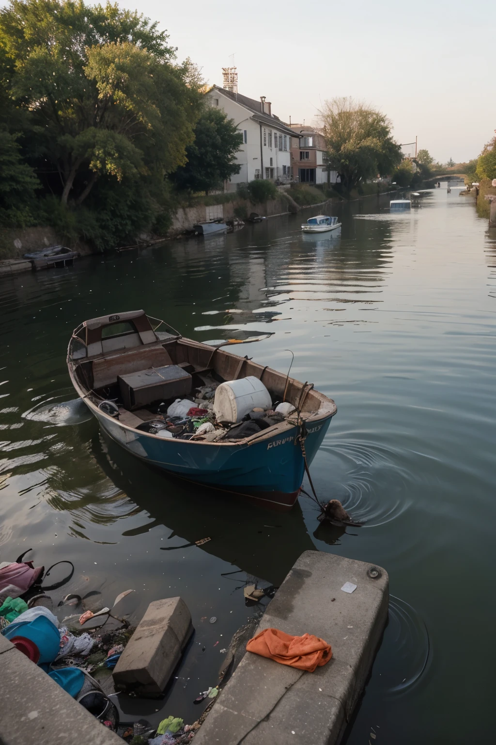 I need a photo of pollution of a river where in front you can see two geese swimming among garbage in the middle of the image a blue boat with 2 men collecting garbage from the river with orange vests and in the background of the photo there are humble houses in deplorable states