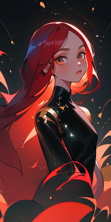 (best quality, masterpiece), 1girl, galaxy, glitter, dress, particle, wind, flower, upper body, dark simple background, looking at viewer, very Long red hair,fashion girl, korean girl,pretty face..