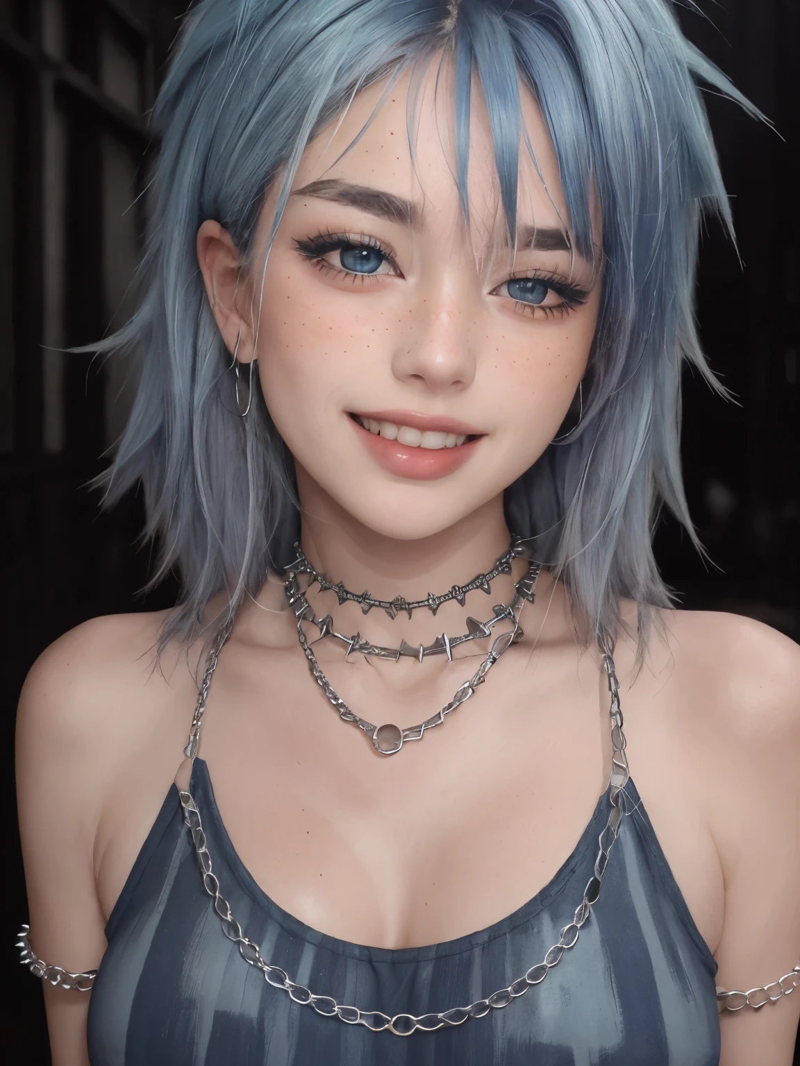 masterpiece, best quality,realistic,absurdres,1girl,looking at viewer,egirl_face, night, street, face detail, face retouch, leaning forward, massive breasts, smiling, laughing, spiky hair with wispy bangs, chains, spiky hair, spiked hair, blush, freckles, blue hair,