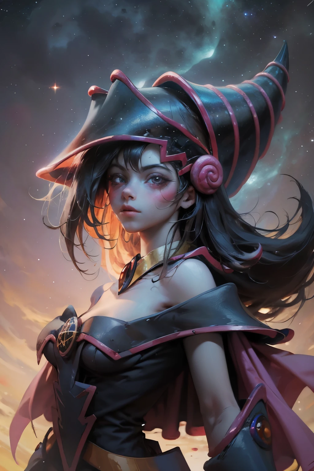 Giles magos oscuros. magos oscuros. ojos azules. cabello rubio. labios rojos. Detailed Features.., cosmic colors, ethereal lighting, Pintura surrealista, high resolution, otherworldly atmosphere, Seres celestiales. Hermosa diosa