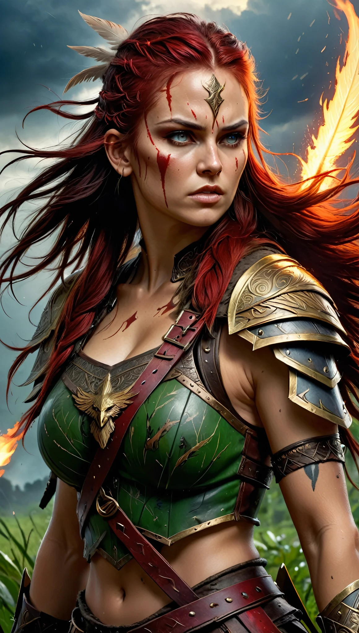 fantasy,Slavic pagan female warrior,leather,eagle feathers in hair,axes,painted face by mud,battle cry,sexy but menacing look,battle chaos,(best quality,4k,8k,highres,masterpiece:1.2),ultra-detailed,(realistic,photorealistic,photo-realistic:1.37),portraits,sharp focus,physically-based rendering,HDR,studio lighting,lush greenery,mystical atmosphere,dark clouds,dramatic lighting,warrior tribal tattoos,ancient symbols,battle scars,flowing hair,ornate armor,bloodstained battlefield,splashes of red,thunder and lightning,lit torches,dusty battlefield