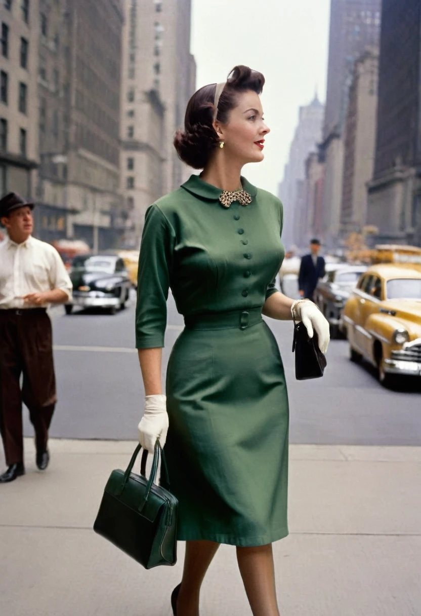 A woman walks down New York's 5th Avenue in the 1950s. (((She is wearing a tight calf-length sheath dress))), typical of the time, ((tan nylon stockings with seams:1.4)), handbag. Camera perspective from behind, Ballantyne, (close up legs:1.5), (((350mm,))), Retro Fashion style

