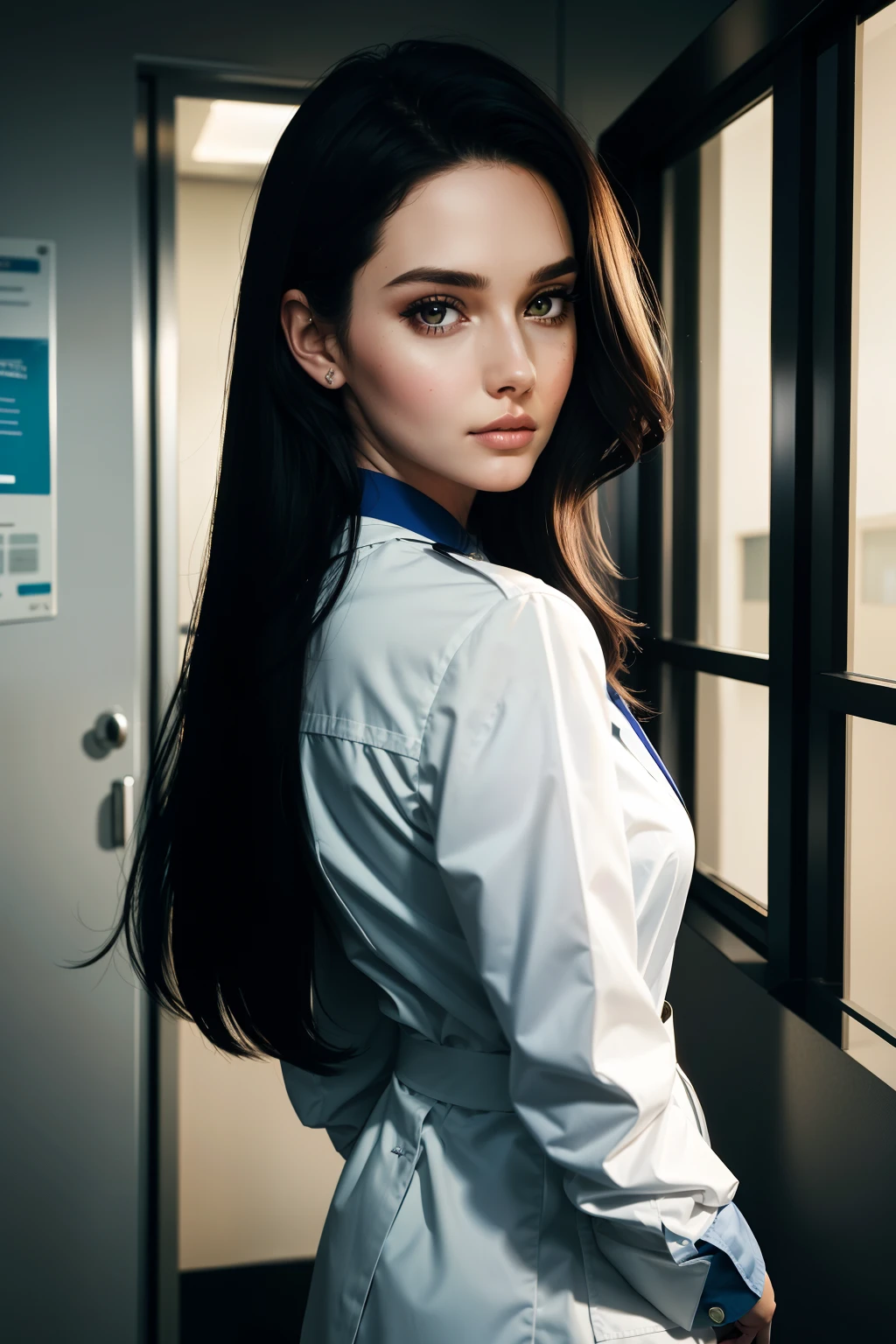 Australian opulent girl, (26 years old), in the hospital, night, doctor uniform, slender, looking from behind, ravishing expression, (face and skin details), (masterpiece, best quality, highly detailed, hyper realistic)