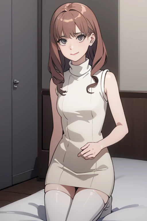 (Light Beige Turtleneck Sleeveless Knit)、pencil skirts、20 year old girl, breasts of medium size,, Tron bulge in the chest、Pinch your chest with your arms、brown haired、Long Wave Hair、hotels room, a necklace、Earring、knee high stockings、 ((Very detailed)), Shy smile、Kamimei、(Perfectly detailed face), (Well detailed hands) Photorealistic images、full body seen、emphasis on the buttocks、lyin in bed