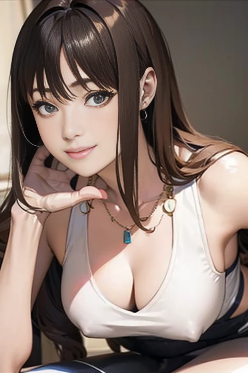 (Light Beige Turtleneck Sleeveless Knit)、pencil skirts、20 year old girl, breasts of medium size,, Tron bulge in the chest、Pinch your chest with your arms、brown haired、Long Wave Hair、hotels room, a necklace、Earring、knee high stockings、 ((Very detailed)), Shy smile、Kamimei、(Perfectly detailed face), (Well detailed hands) Photorealistic images、full body seen、emphasis on the buttocks、lyin in bed