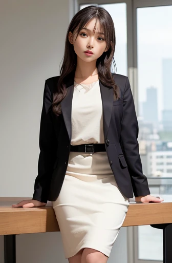 full body, ground-level shot, thick thighs, sit, a lot of details, neat figure, 30 years old, detailed long hair, short wavy delicate hair, Lateral braid, detailed black hair, beatiful detailed hair, super fucking beautiful, happy, open mouth, perfect hands, small breast, perfect and delicate limbs, detailed skin, business suit, skirt, high heels, open jacket, cream background Clothes, Tables and chairs in disarray, window, best quality, ultra-detailed,