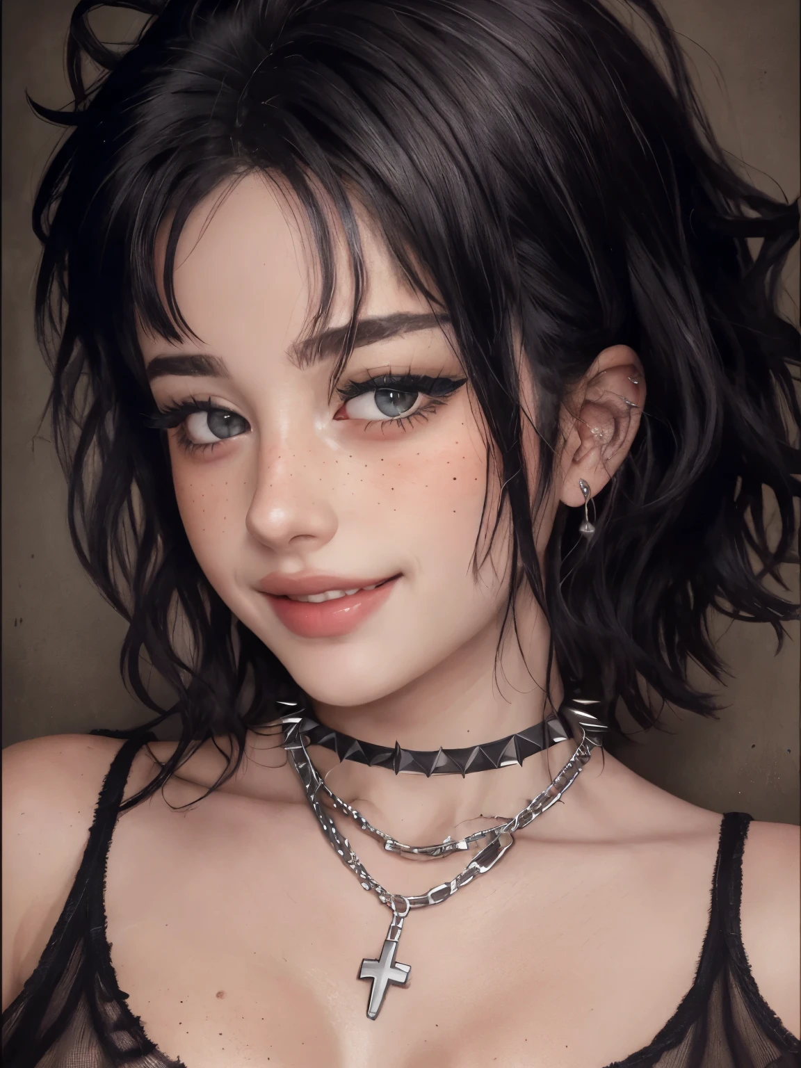 masterpiece, best quality,realistic,absurdres,1girl,looking at viewer,egirl_face, night, street, face detail, face retouch, leaning forward, massive breasts, smiling, laughing, spiky hair, chains, spiky hair, spiked hair, blush, freckles, black hair, naked, shirtless