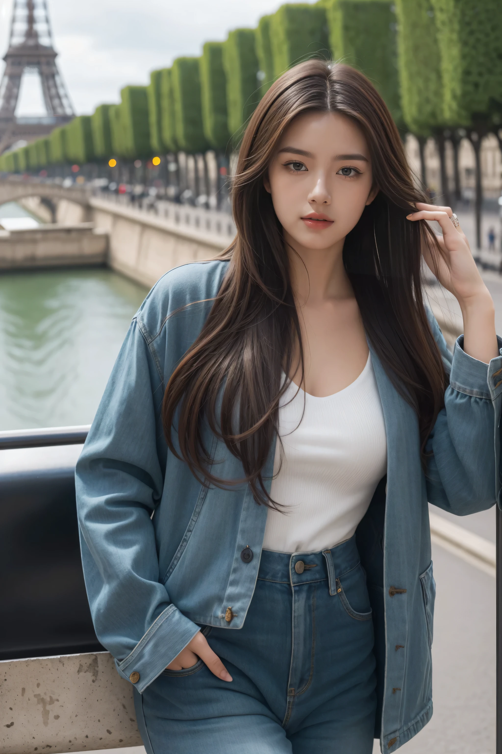 Highest quality, masterpiece, photorealistic, realistic, high resolution, beautiful and aesthetic, 1girl, long hair, looking at viewer, eiffel tower, paris