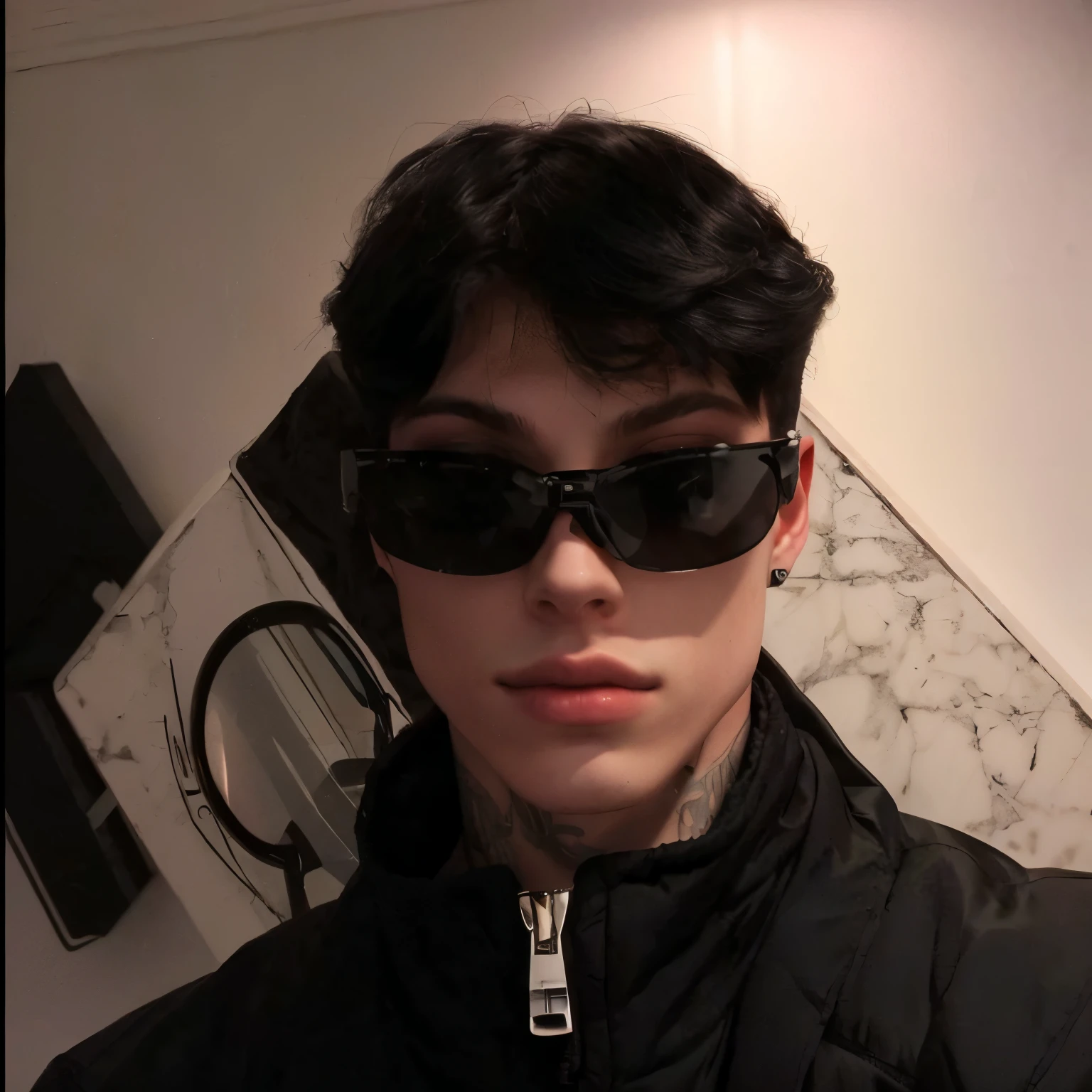 there is a man in a black jacket and sunglasses taking a selfie, wearing versace sunglasses, jean deville, androgynous person, with sunglasseses, um non-binary model épico, androgynous man, androgynous face, Estilo Araki, inspirado em Ion Andreescu, with sunglasses, estilo de Paolo Pai, non-binary model, pete davidson