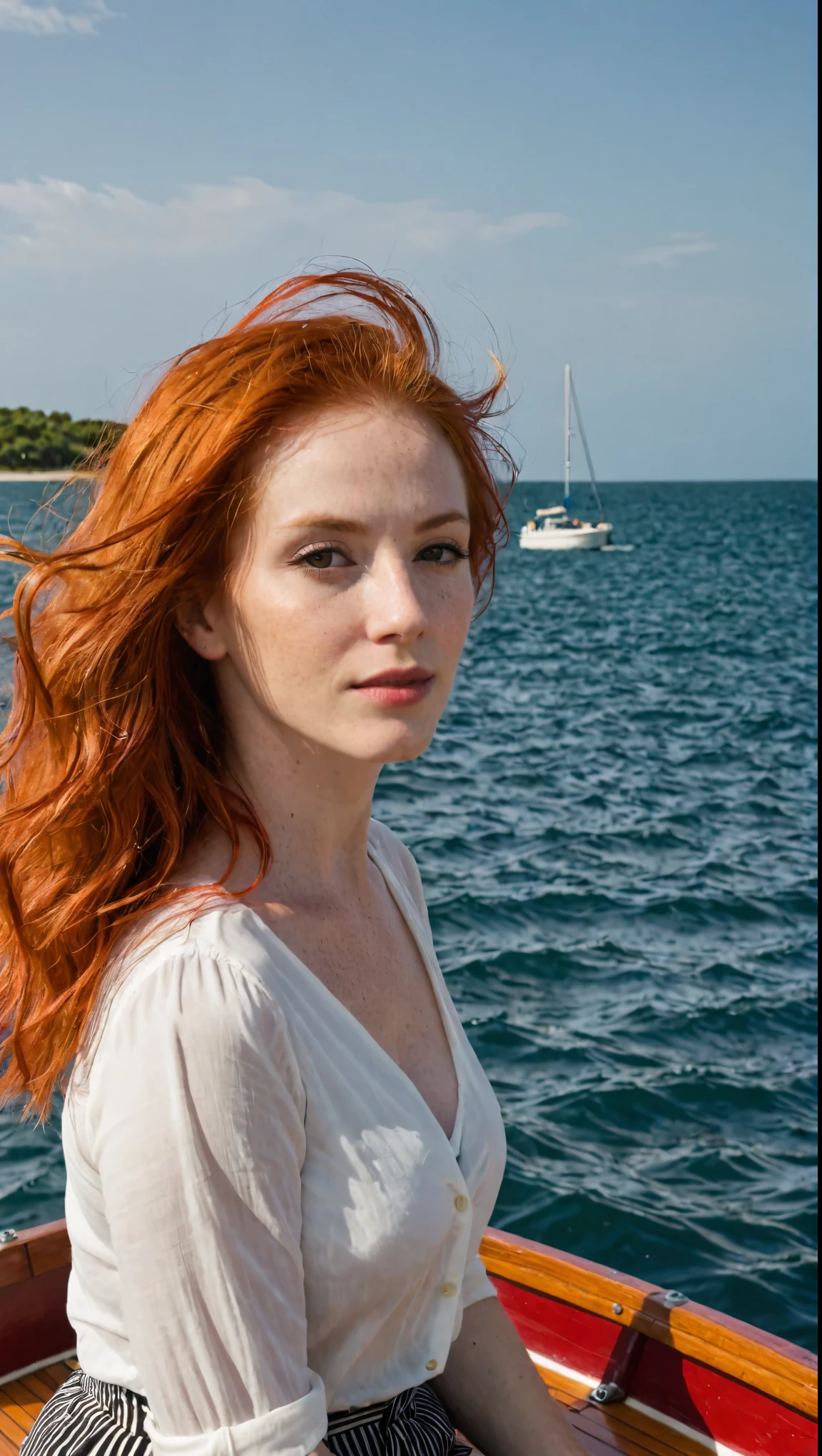 Une femme (red hair) sur un bateau de plaisance, in the background we see that the ocean, the woman wears a black tank top 