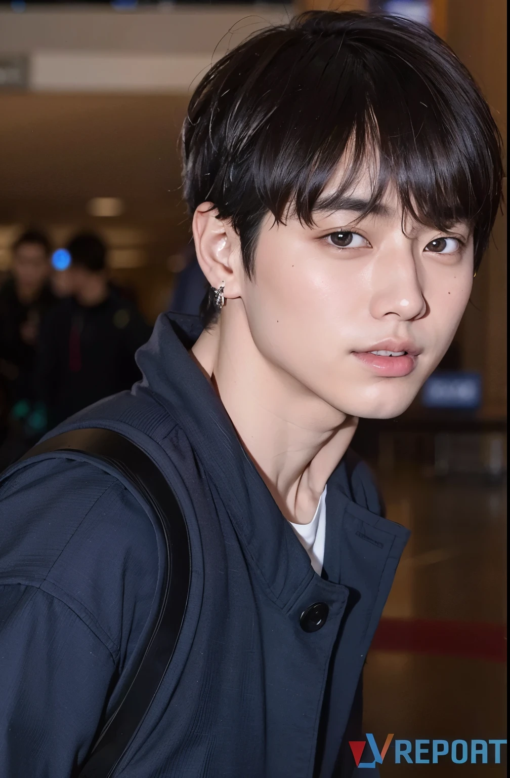 arafed asian man with a backpack and a backpack in an airport, Jungkook, hyung tae, Jinyoung Shin, taken at the beginning of 2020, Kim Doyoung, Shin Jeongho, Tae June Kim, cai xukun, pale korean adorable face, ironic smile, dez leituras, numerosos olhos levemente brilhantes, lindos olhos redondos e inclinados