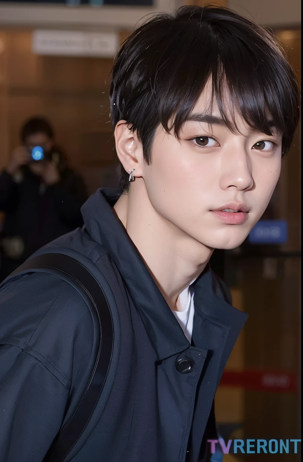 arafed asian man with a backpack and a backpack in an airport, Jungkook, hyung tae, Jinyoung Shin, taken at the beginning of 2020, Kim Doyoung, Shin Jeongho, Tae June Kim, cai xukun, pale korean adorable face, ironic smile, dez leituras, numerosos olhos levemente brilhantes, lindos olhos redondos e inclinados