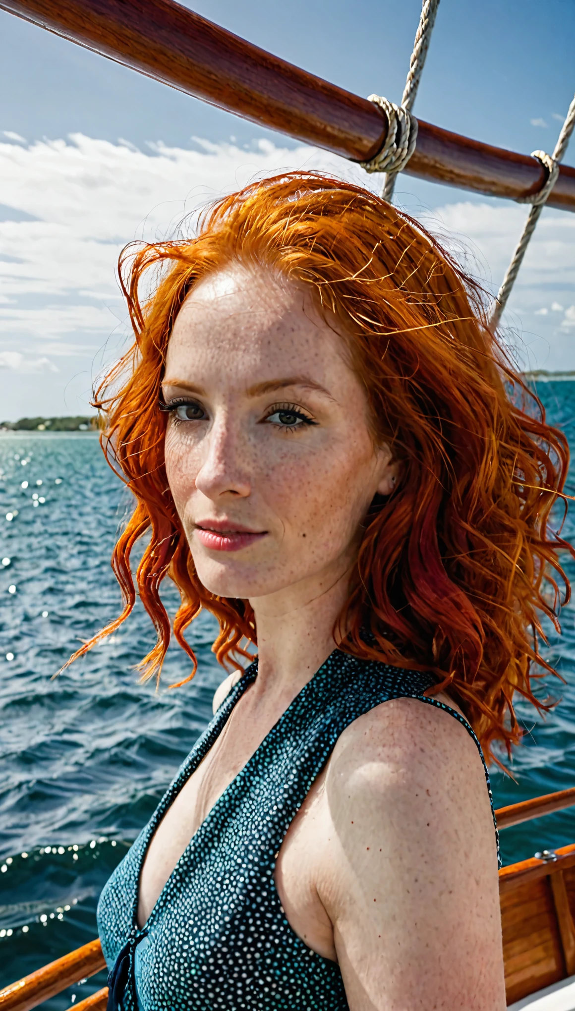 Une femme (red hair) sur un bateau de plaisance, in the background we see that the ocean 