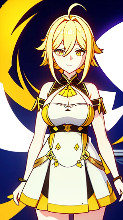 1girl, yellow hair, ahoge, yellow eyes, a charismatic smile, big breasts, short white and yellow dress, 24 years old, white skin tone