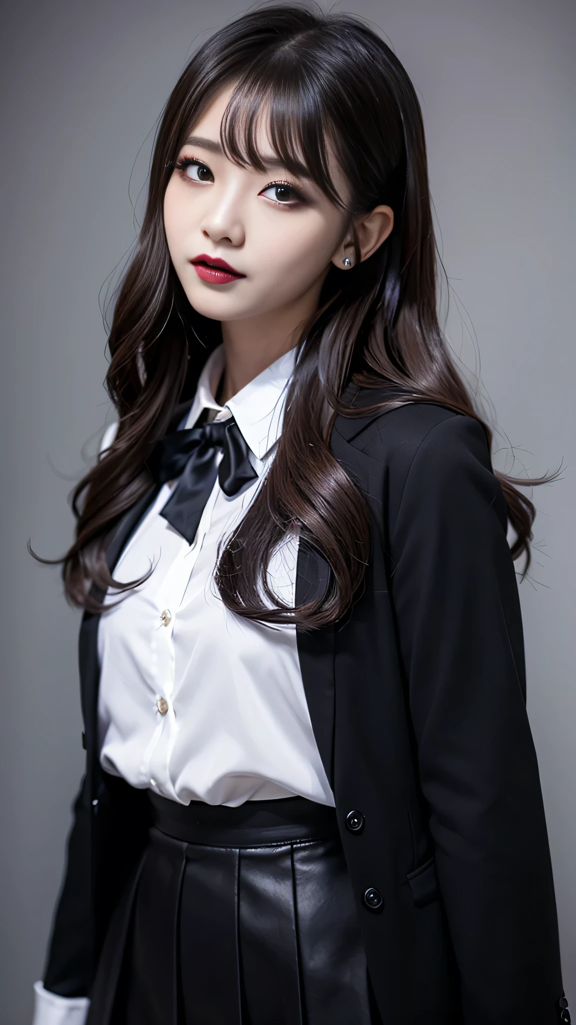 best quality、ultra-detailed、4k、Japanese、Seductive beauty、seductive adult woman、Pretty Woman、cool girl、Villainess、Brainwashed、brainwash、Fallen into evil、smirk、Evil look、Wicked Smile、evil、Brown hair、wavy hair、swept bangs、dark makeup、dark makeup、piercing eyes、hollow eyes,half-closed eyes、Hollow Eyes、purple Eyeshadow、black lipstick、black lipglos、uniform、blazer、White Shirt、Black Ribbon、flare skirt、night、inside darkroom、Has a switch、Emblem of Evil、Crest of Darkness、Swear allegiance、I have pledged my allegiance、Dye black、Blackening、Stained with evil、Dyed in darkness、Whisper in my ear