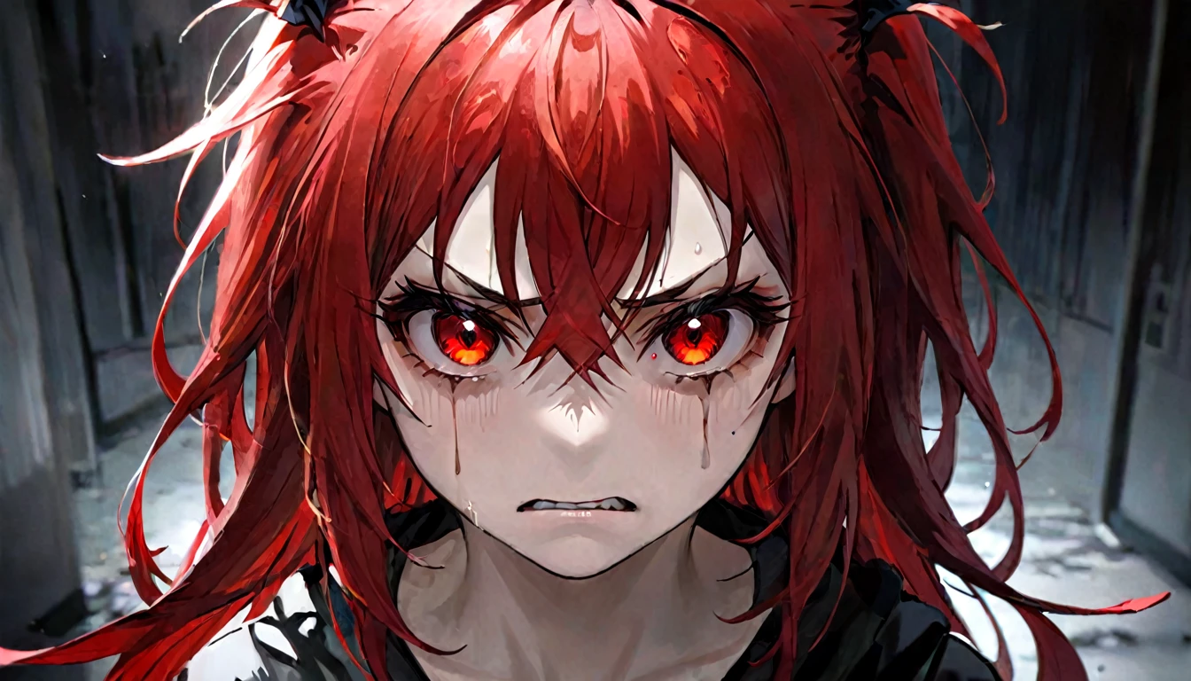 girl appearance with serious face, psychopathic look, does not smile looks sad, angry, red eyes, messy hair, traumatized