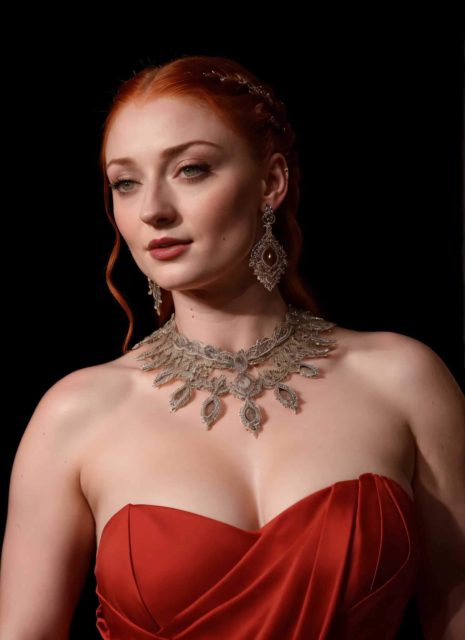 Face of Sophie Turner, Sansa Stark played by Sophie Turner, the de facto Lady of the Eyrie, is a 40-year-old mature queen with a stunning, alluring appearance. Full Face, pierced eyes, reddish lips, upper body shot, erotic Mediaeval costumes, game of thrones costumes, She wears a Game of Thrones-inspired costume and has a deep cleavage, a perfect thick body, and a perfect thick figure. The photograph captures her in a close-up, with her skin texture and facial features being ultra-realistic and realistic. Juicy thick figure, high quality skin, Skin pores, amazing details,