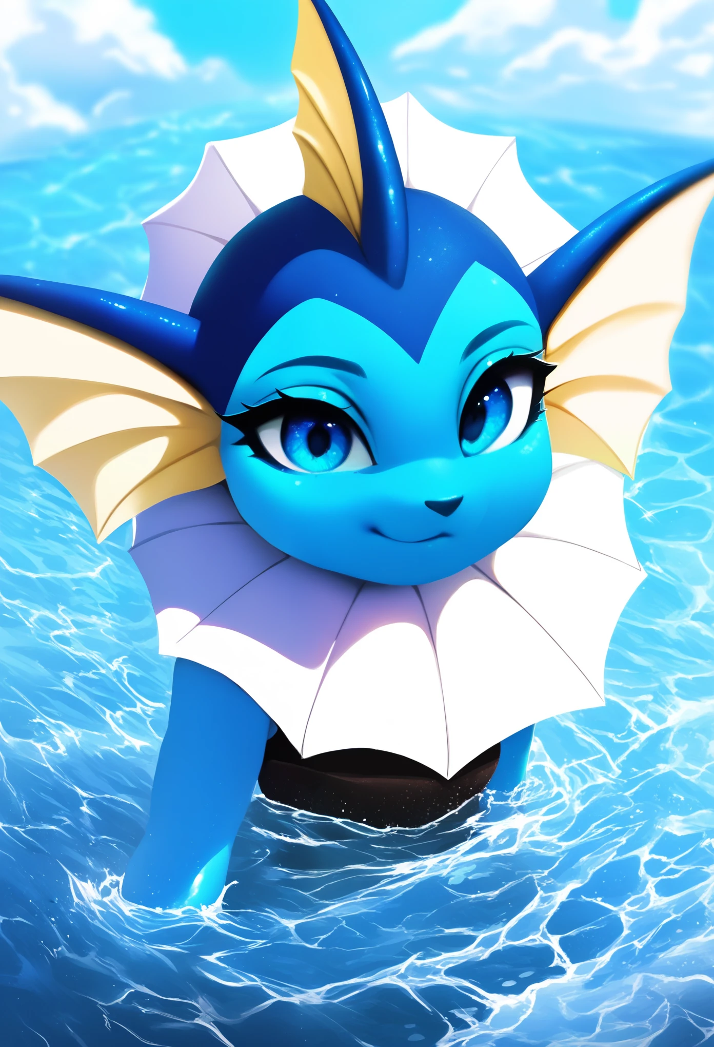 score_9, score_8_up, score_7_up, source_furry, rating_safe, by magnaluna, 1girl, anthro, vaporeon, blue skin, pokemon, blue eyes, detailed skin, river shore, in water, detailed background, best quality, clothing