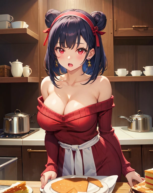 masterpiece, 1girl, Amazing Cleavage:1.3, thin waist, big ass, Raised sexy, medium breast:1.3,posed cleavage:1.2,solo, looking at viewer, open mouth, have a cup of coffee,black hair, red eyes, dress, bare shoulders, jewelry, collarbone, sidelocks, hairband, earrings, indoors, off shoulder, :o, sweater, arms behind back, plant, short hair with long locks, white hairband, off-shoulder dress, sweater dress, off-shoulder sweater, red sweater, big side hair, very long side hair,is rendered in (masterpiece: 1.2, best quality), with (ultra high resolution) and an exquisite (depth of field). This masterpiece is not only visually stunning but also tells, make of cooking some cakes ,in the kitchen