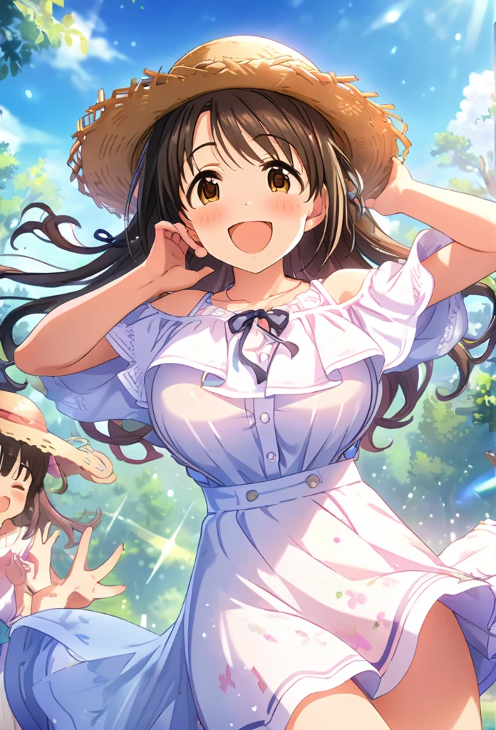 uzuki shimamura, (highest quality, 8k, masterpiece, Very detailed:1.2), (Lens flare, Particles of light, Shine), Big Breasts, smile, Open your mouth, masterpiece, highest quality, Very detailed, High resolution, Very detailedなCG, (Official Art), Off the shoulder, White shirt, White Skirt, Straw hat, (Embarrassing:1.1), (blush:1.2), Open your mouth, (shout:1.1), (Moving lines:1.1),  blue sky, Cowboy Shot