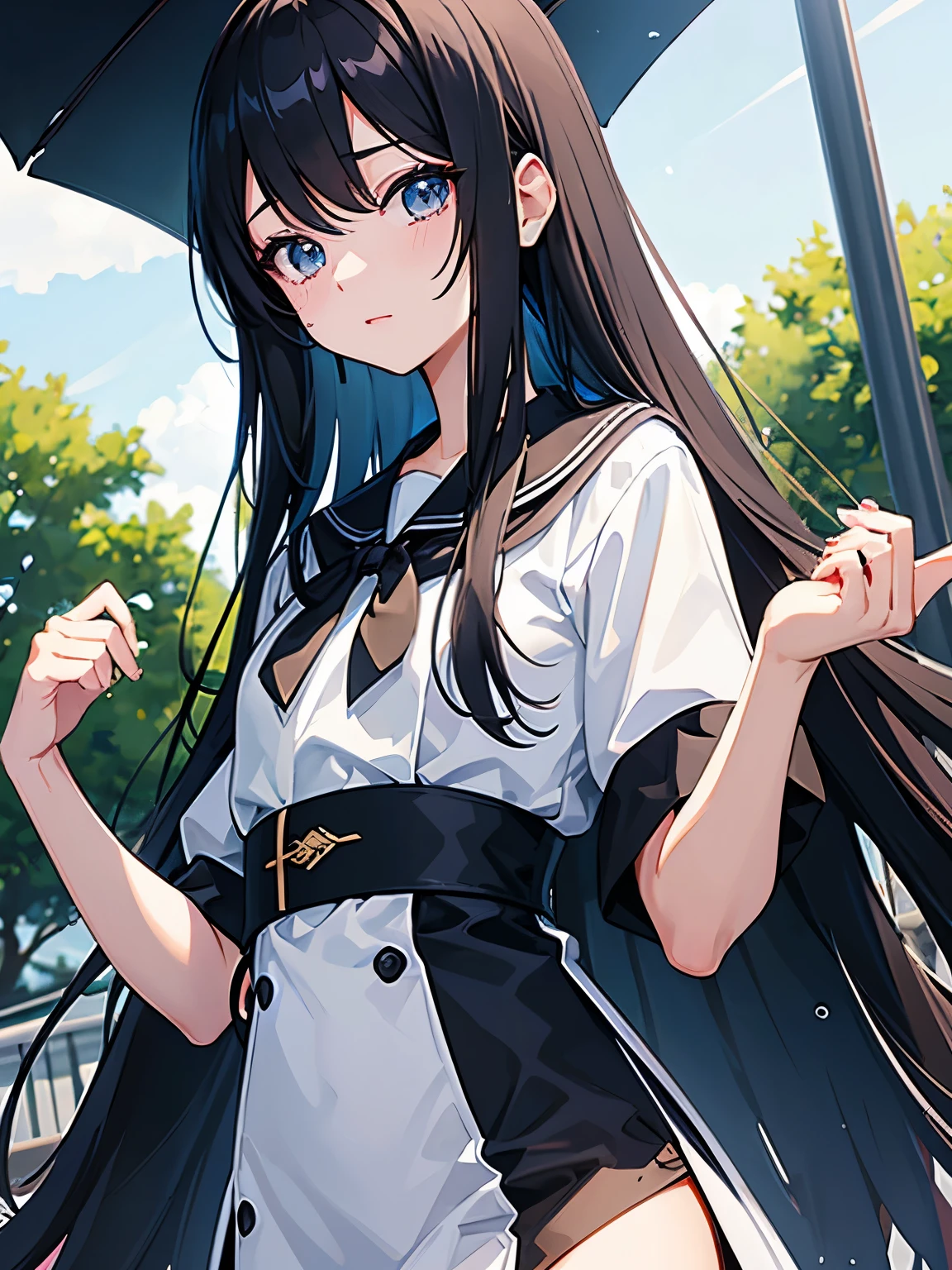 Chica anime adolescente, long black hair with a small blue streak, ojos negros brillantes, traje de colegiala, controla el agua, parque de fondo