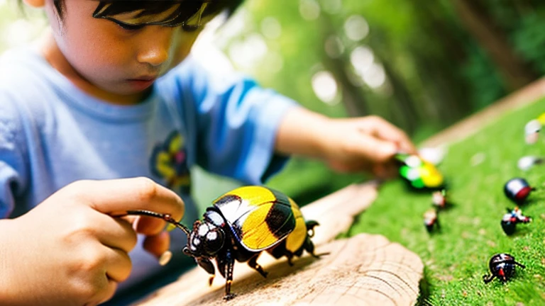 田舎で田舎でChildren playing with beautiful beetles、Children playing with beautiful beetles、