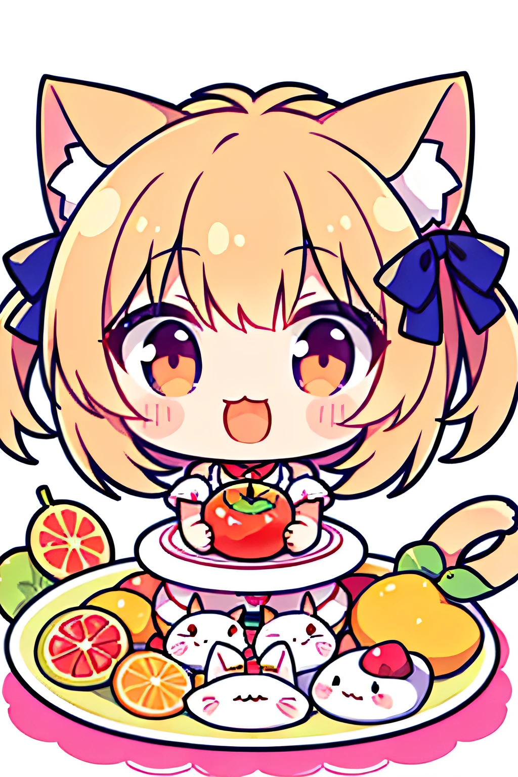 Chibi Neko, Cat, cute, 仔Cat, Big smile,Fruit platter