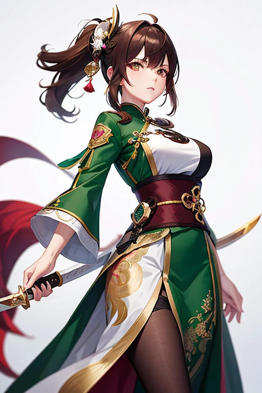 Genshin Impact Female Character With Brown Hair, A Dark Green Chinese Costume Featuring White And Pink Ornaments, She Holds A Sword, Delicate And Vibrant, Anime Character, Game Art Golden Eyes