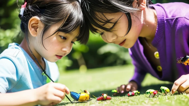 田舎で田舎でChildren playing with beautiful beetles、Children playing with beautiful beetles、