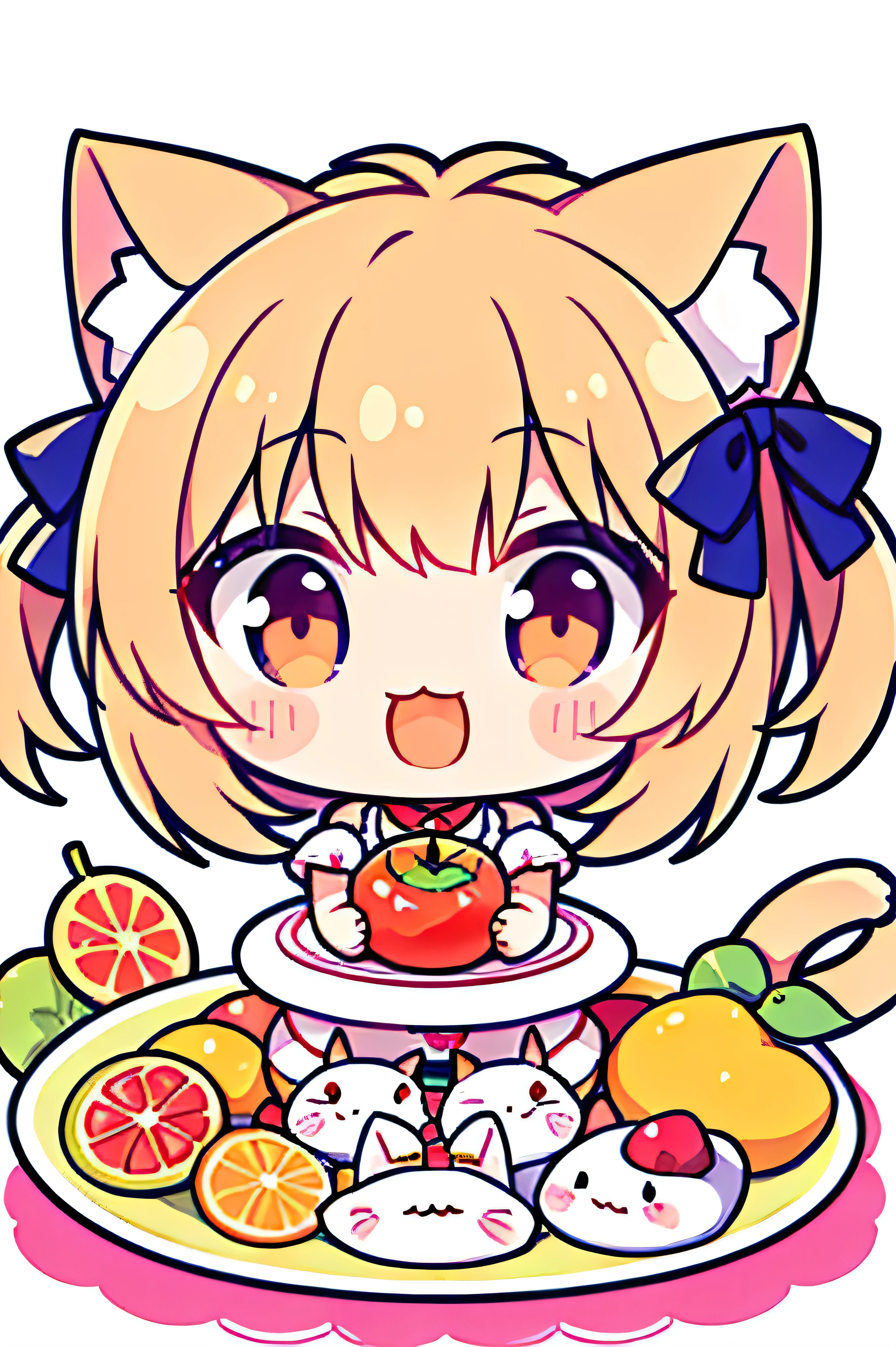 Chibi Neko, Cat, cute, 仔Cat, Big smile,Fruit platter