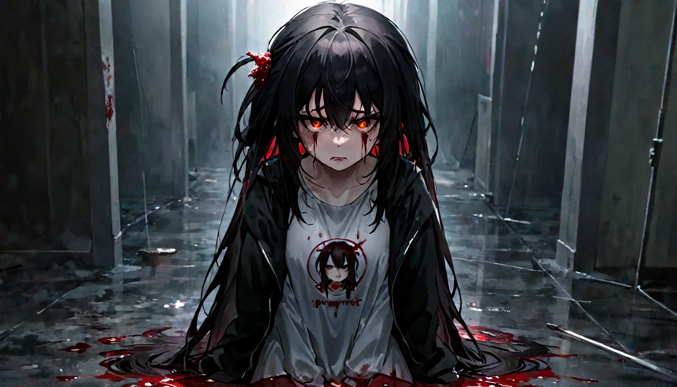 girl appearance with serious face, psychopathic look, does not smile looks sad, angry, red eyes, messy hair, traumatized, black hair, full body, bloody scene
