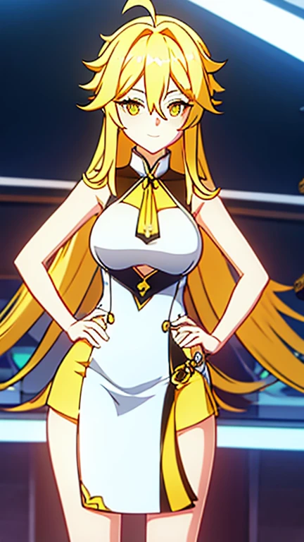 1 girl, yellow hair, long ahoge, yellow eyes, a charismatic smile, hands on her hips, big breasts, short white and yellow dress, 22 years old, white skin tone