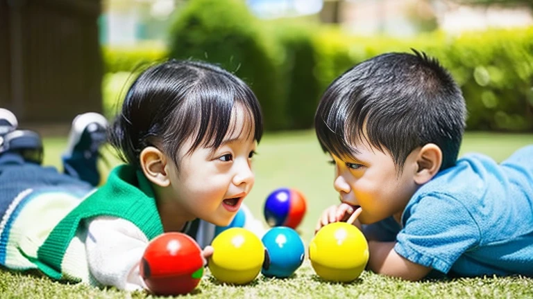 田舎でChildren playing with beautiful beetles、Children playing with beautiful beetles、