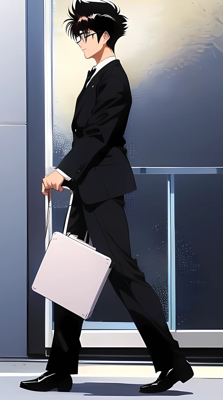 A 19 years old guy with round glasses, short hair, messy hair, hair between eyes, black hair, walking, looking ahead, side view, perfil view, black suit, briefcase in left hand, masterpiece, 1990s style