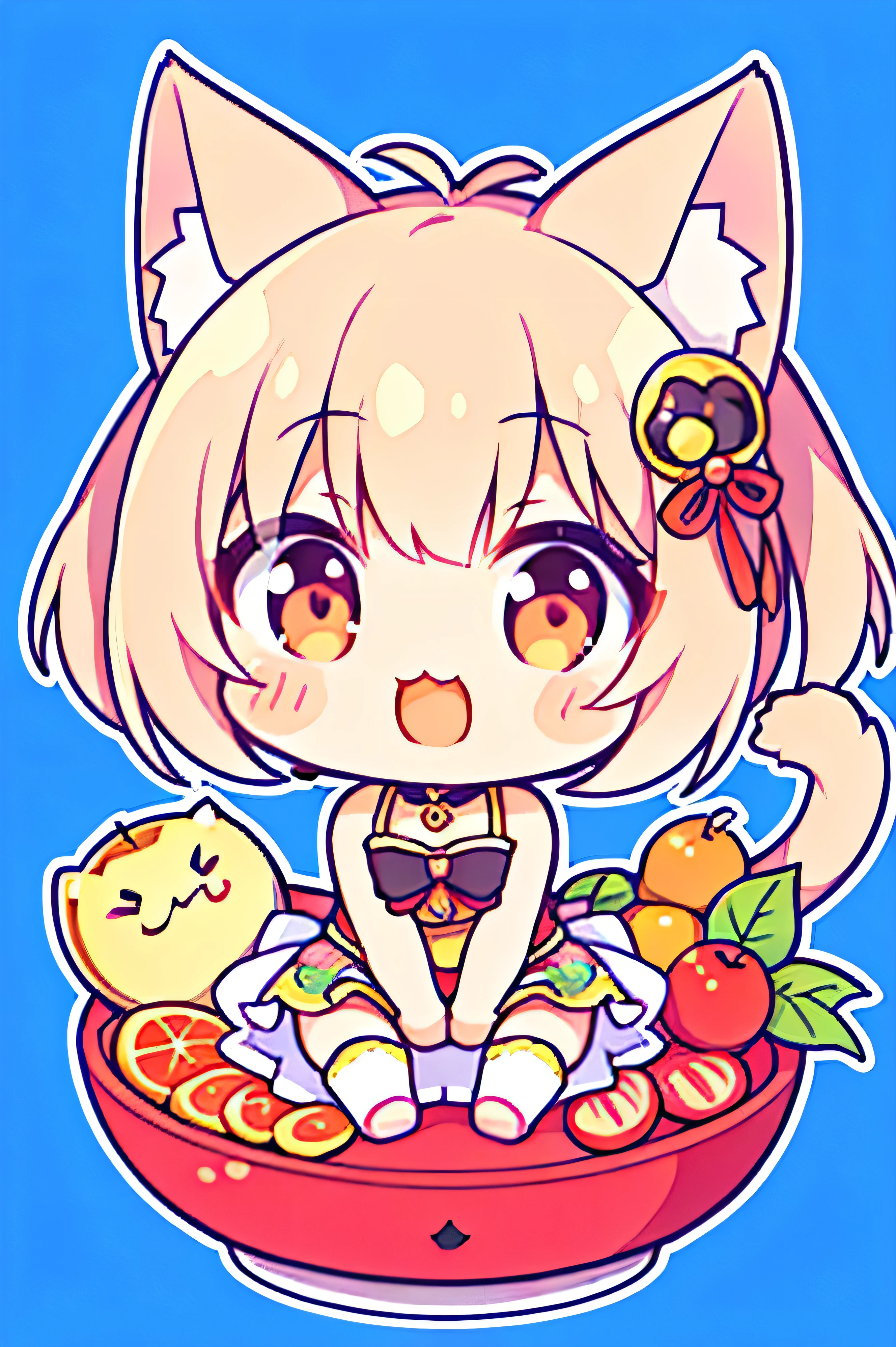 Chibi Neko, Cat, cute, 仔Cat, Big smile,Fruit platter