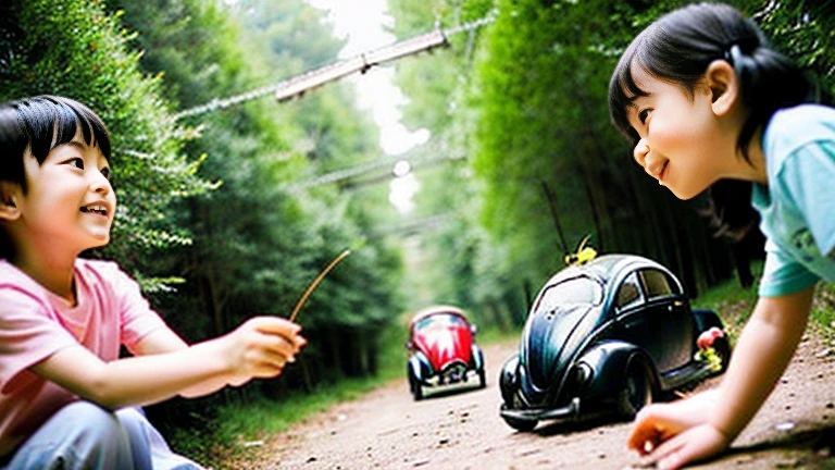 Children playing with beautiful beetles in the countryside、Children playing with beautiful beetles in the forest、