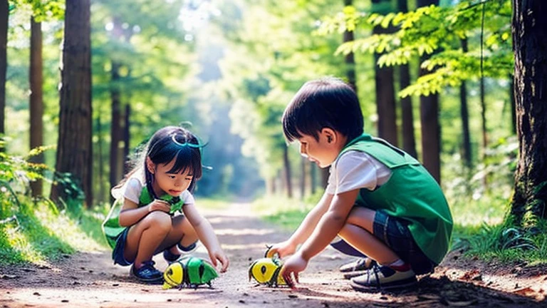 Children playing with beautiful beetles in the countryside、Children playing with beautiful beetles in the forest、