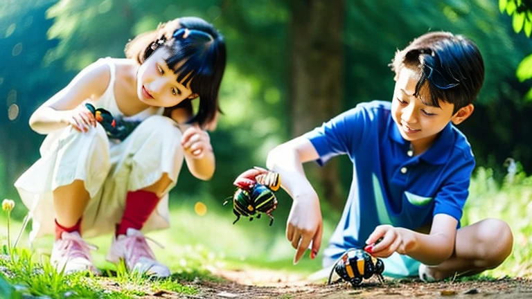 Children playing with beautiful beetles in the countryside、Children playing with beautiful beetles in the forest、