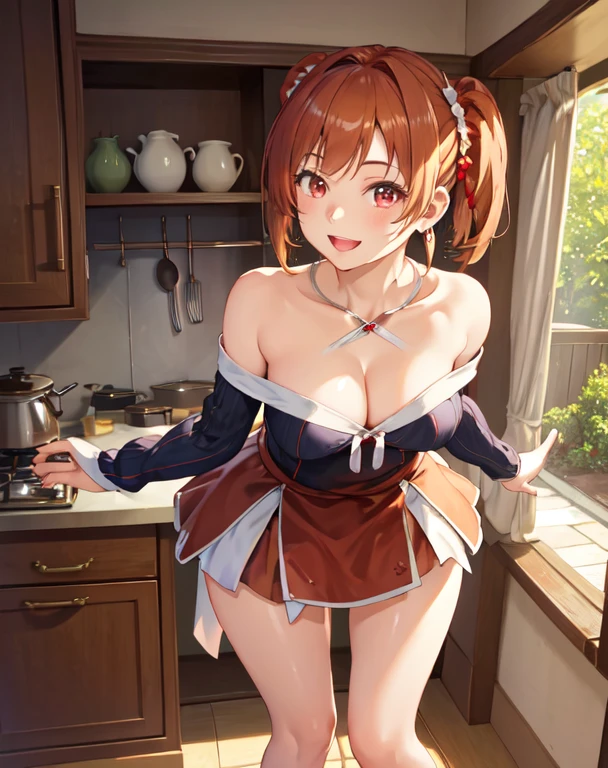 Adult Woman, masterpiece, 1girl, Amazing Cleavage:1.3, thin waist, big ass, Raised sexy, medium breast:1.3,posed cleavage:1.2,solo, open mouth, have a cup of coffee,black hair, red eyes, dress, bare shoulders, jewelry, collarbone, sidelocks, hairband, earrings, indoors, off shoulder, arms behind back, plant, short hair with long locks, black hairband, sweater dress, off-shoulder sweater, red sweater, big side hair, very long side hair,is rendered in (masterpiece: 1.2, best quality), with (ultra high resolution) and an exquisite (depth of field). This masterpiece is not only visually stunning but also tells, make of cooking some cakes ,in the kitchen,Long dark blonde wavy hair、her thin pubic hair, Puffy nipple、(short flared skirt)、garter stocking、Earring、Medium milk, cute smile face、(Pose to lean forward and emphasize the chest)、sexy hips、high-heels、atlibrary、((Close your arms to your chest and look up)),(with sparkling eyes and a contagious smile), looking at viewer,