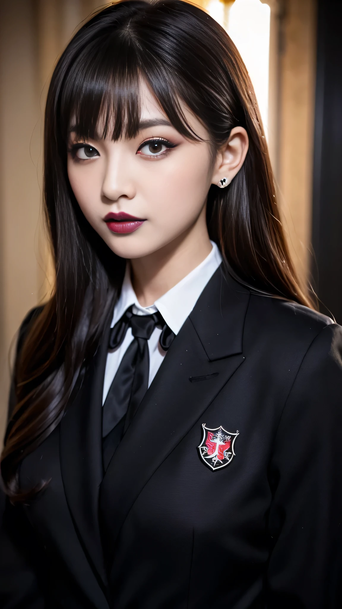 best quality、ultra-detailed、4k、Japanese、Seductive beauty、seductive adult woman、Pretty Woman、cool girl、Villainess、Brainwashed、brainwash、Fallen into evil、smirk、Evil look、Wicked Smile、evil、Brown hair、wavy hair、swept bangs、dark makeup、dark makeup、piercing eyes、hollow eyes,half-closed eyes、Hollow Eyes、purple Eyeshadow、black lipstick、black lipglos、uniform、blazer、White Shirt、Black Ribbon、flare skirt、night、inside darkroom、Has a switch、Emblem of Evil、Crest of Darkness、Swear allegiance、I have pledged my allegiance、Dye black、Blackening、Stained with evil、Dyed in darkness、Whisper in my ear